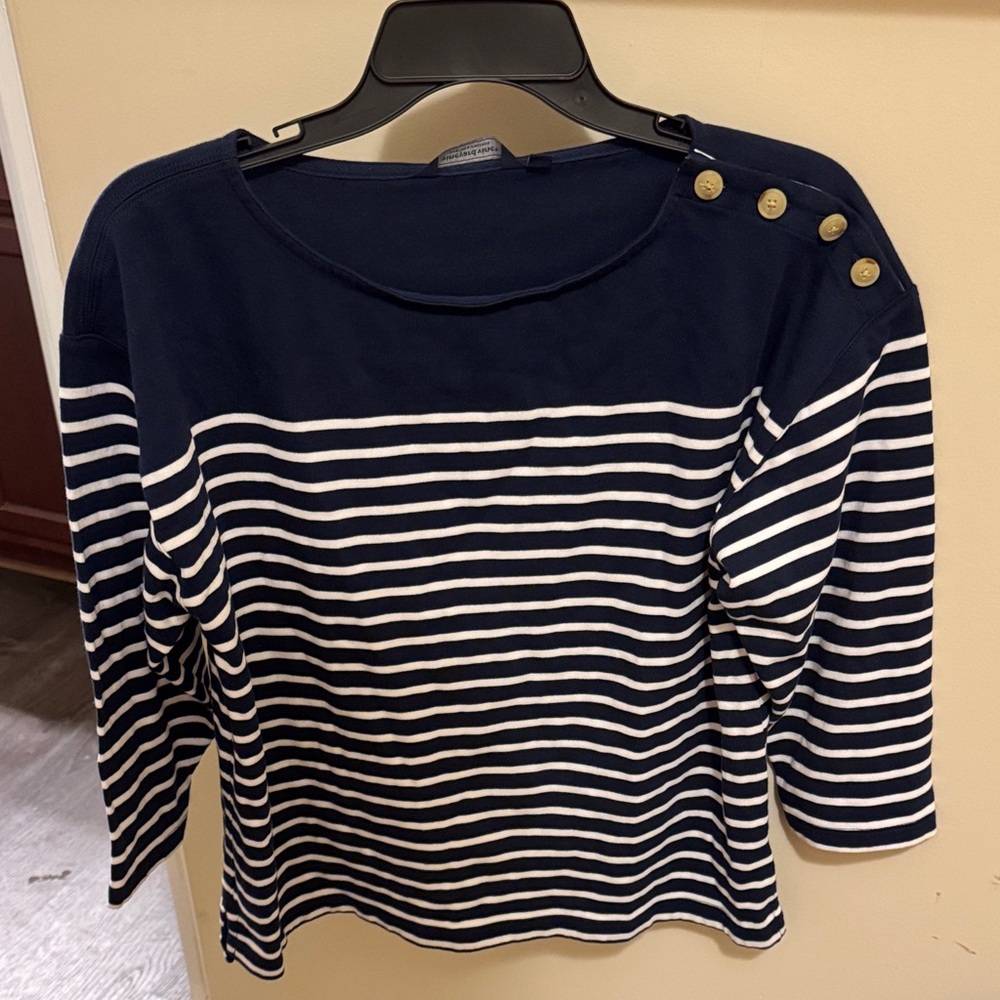 Navy Striped Women's Top with Button Accents